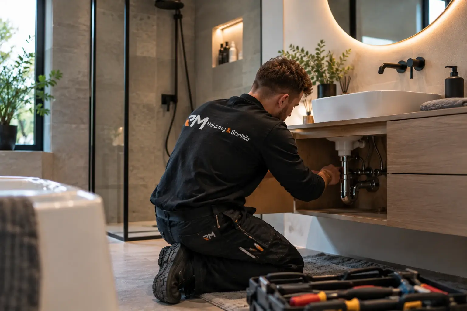 RM-Monteur installiert den Siphon unter einem Waschtisch im modernen Bad