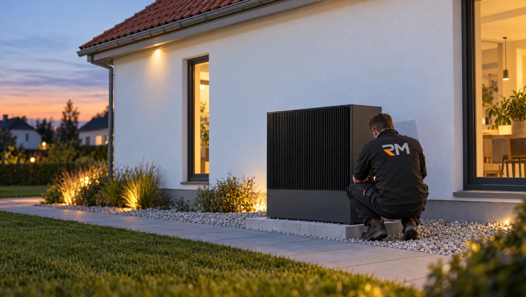 Wärmepumpe an einem Einfamilienhaus in der Abenddämmerung